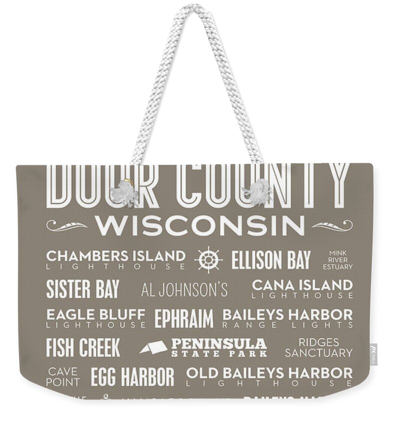 Door County Weekender Tote Bag featuring the digital art Places Of Door County On Brown by Christopher Arndt