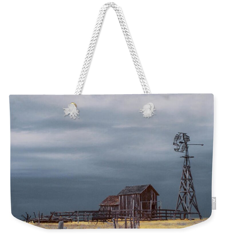 Art Weekender Tote Bag featuring the photograph Plains Frontier Windmill and Barn at 1880's Town in Infrared by Randall Nyhof
