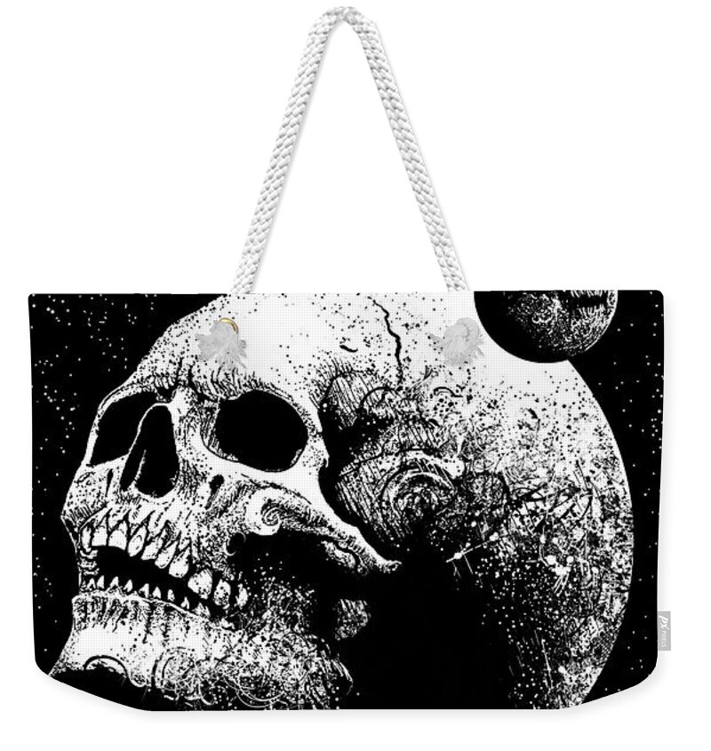 Tony Koehl; Sketch The Soul; Planets; Skull; Earth; Decay; Planetary Decay; Moon; Space; Black And White; Teeth; Death; Metal Weekender Tote Bag featuring the mixed media Planetary Decay by Tony Koehl
