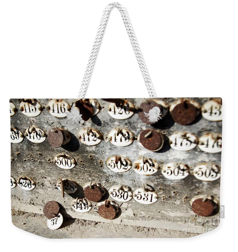 Abandoned Weekender Tote Bag featuring the photograph Plates with Numbers by Carlos Caetano