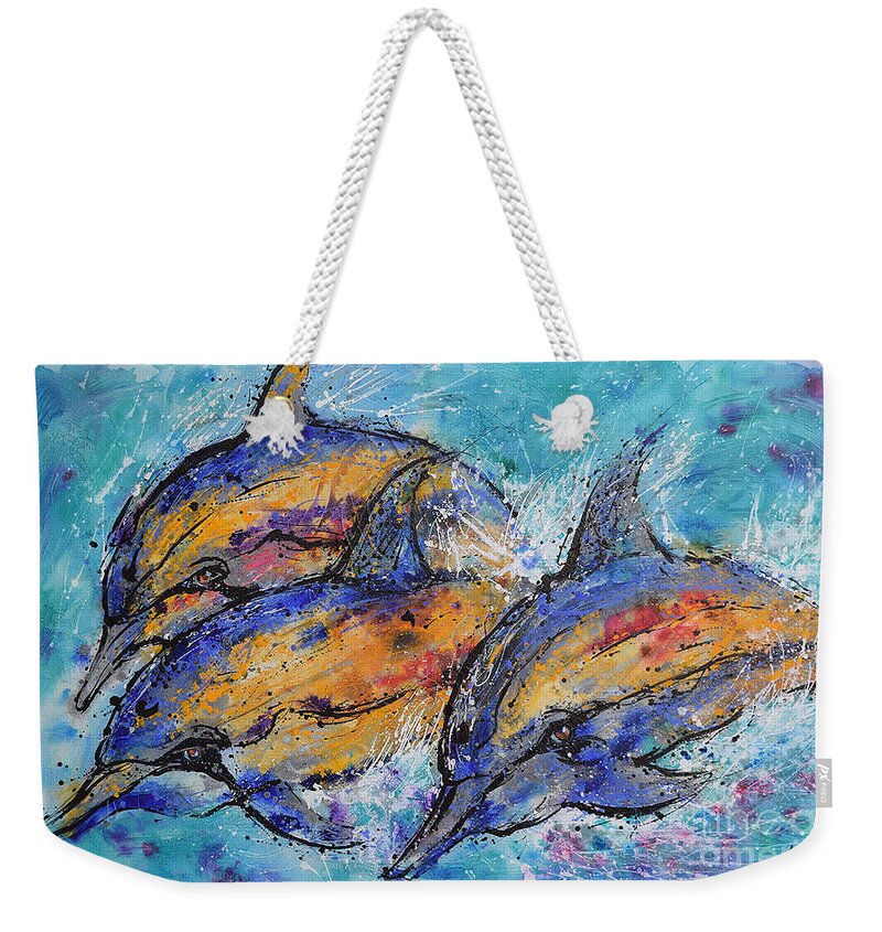 Dolphins Weekender Tote Bag featuring the painting Playful Dolphins by Jyotika Shroff