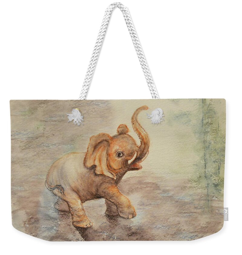Elephant Weekender Tote Bag featuring the painting Playful Elephant Baby by Sandy Murphree Jacobs