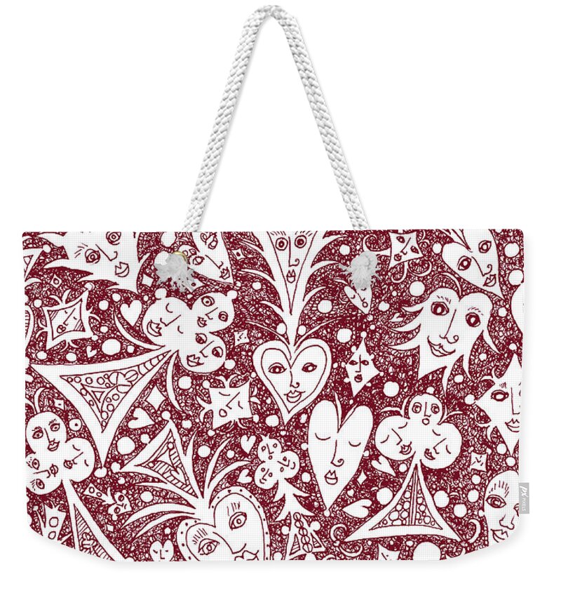 Lise Winne Weekender Tote Bag featuring the drawing Playing Card Symbols with Faces in Red by Lise Winne