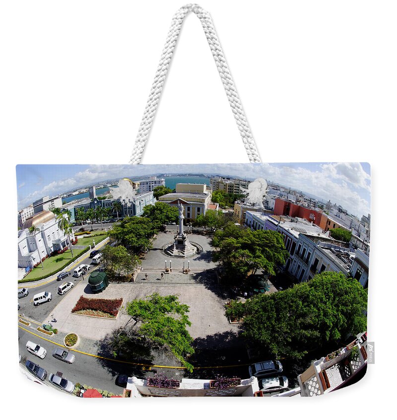 Darin Volpe Architecture Weekender Tote Bag featuring the photograph Eye on Old San Juan -- Plaza de Colon in San Juan, Puerto Rico by Darin Volpe