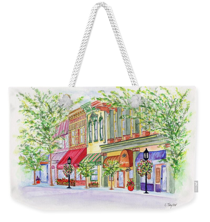 Ashland Oregon Weekender Tote Bag featuring the painting Plaza Shops by Lori Taylor