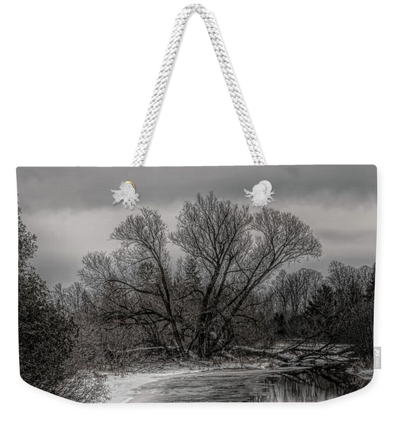 Black And White Weekender Tote Bag featuring the photograph Plover River Black and White Winter Reflections by Dale Kauzlaric