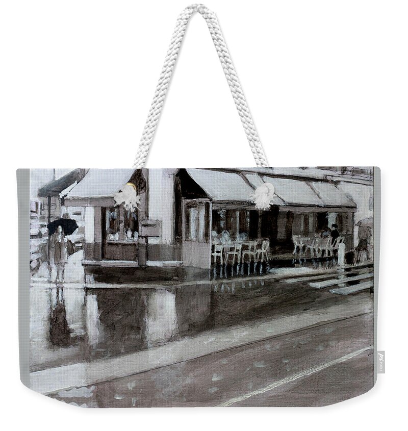 Rain Weekender Tote Bag featuring the painting Pluie A Cafe by David Zimmerman