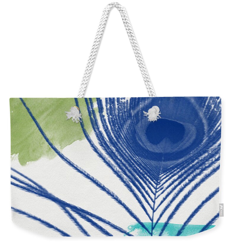 Peacock Weekender Tote Bag featuring the painting Plumage 3- Art by Linda Woods by Linda Woods