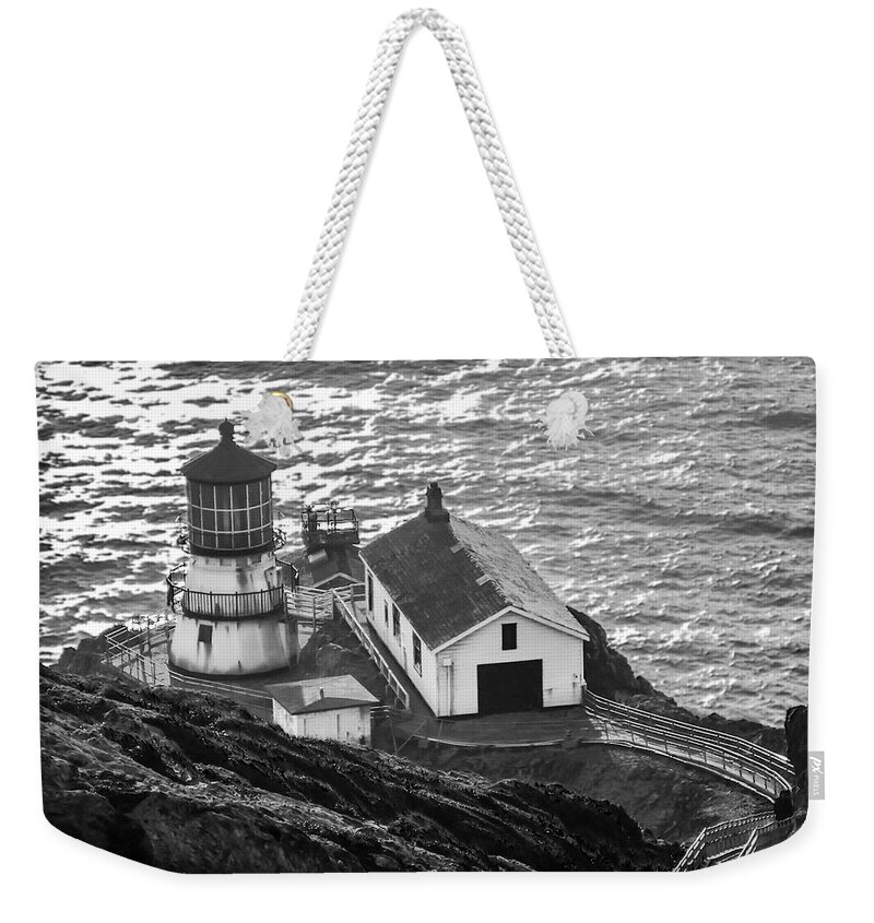 Point Reyes Lighthouse Bw Weekender Tote Bag featuring the photograph Point Reyes Lighthouse BW by Bonnie Follett