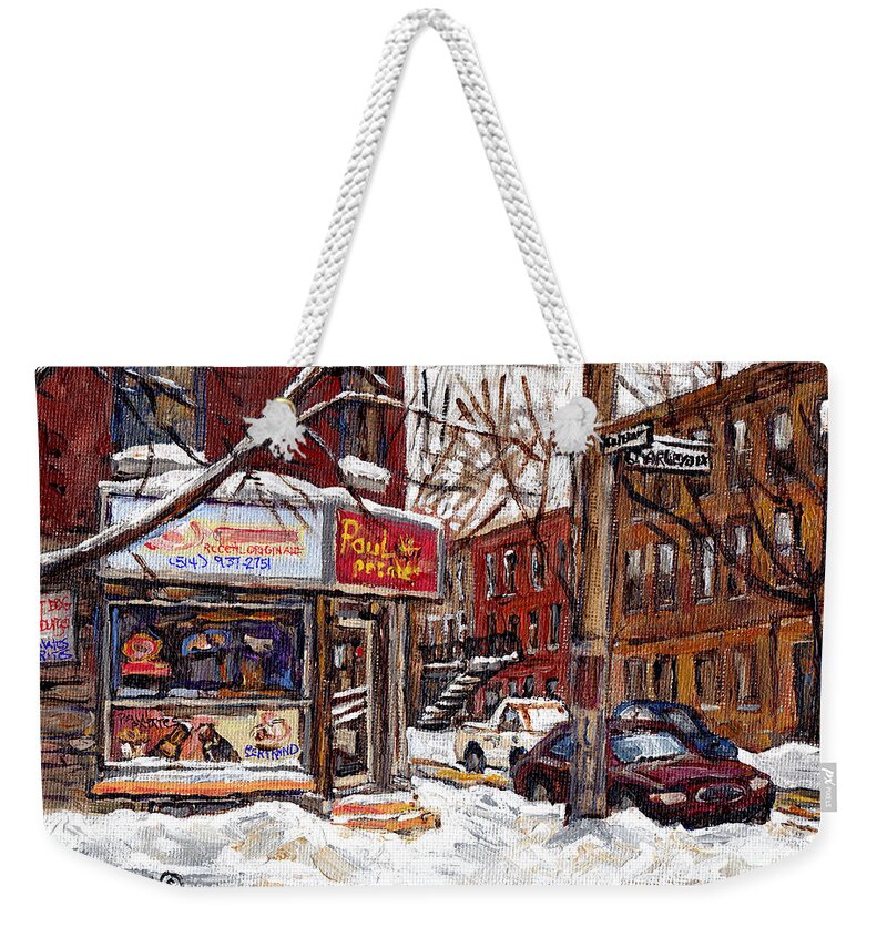 Montreal Weekender Tote Bag featuring the painting Pointe St Charles Montreal Winter Scene Painting Paul Patates Restaurant At Coleraine And Charlevoix by Carole Spandau