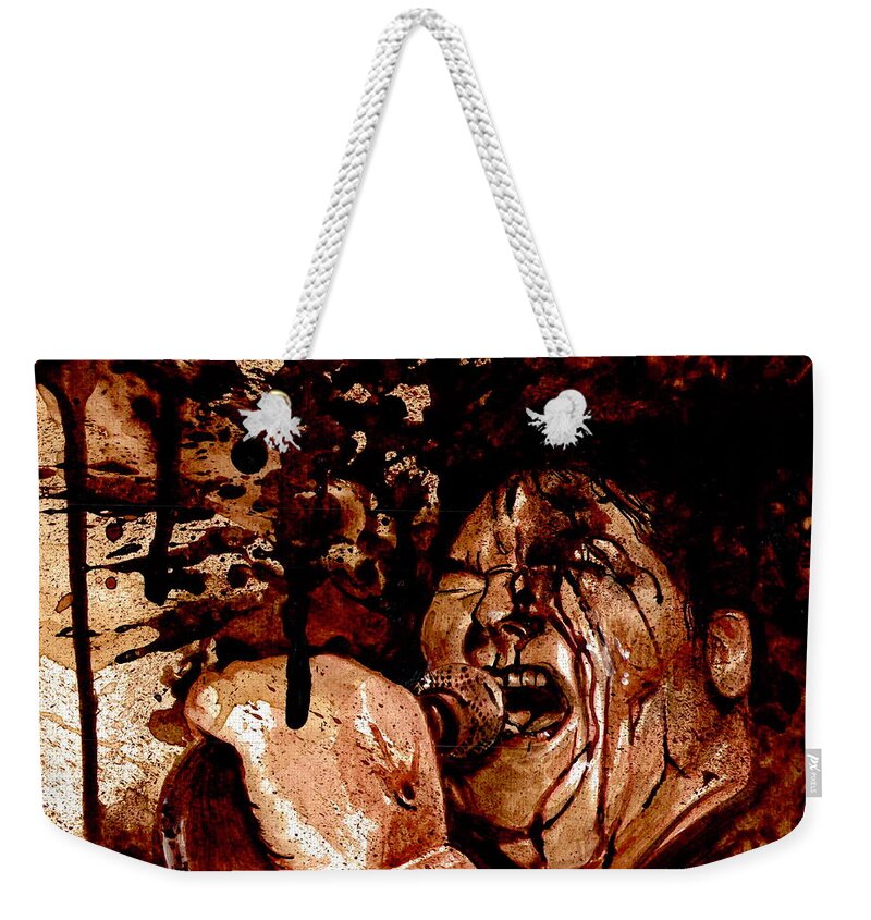 Ryan Almighty Weekender Tote Bag featuring the painting POISON IDEA - JERRY - dry blood by Ryan Almighty