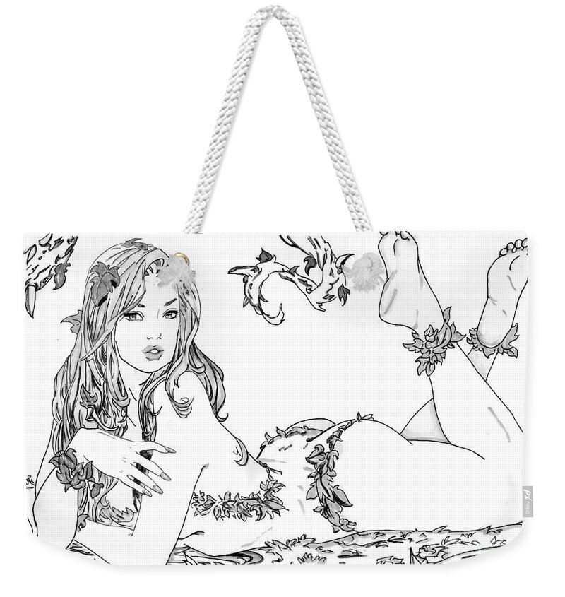 Poison Weekender Tote Bag featuring the drawing Poison Ivy - Grayscale by Bill Richards