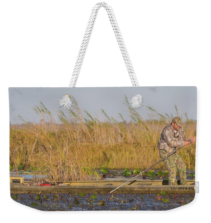 Landscape Weekender Tote Bag featuring the photograph Poling Upwind by Barry Bohn