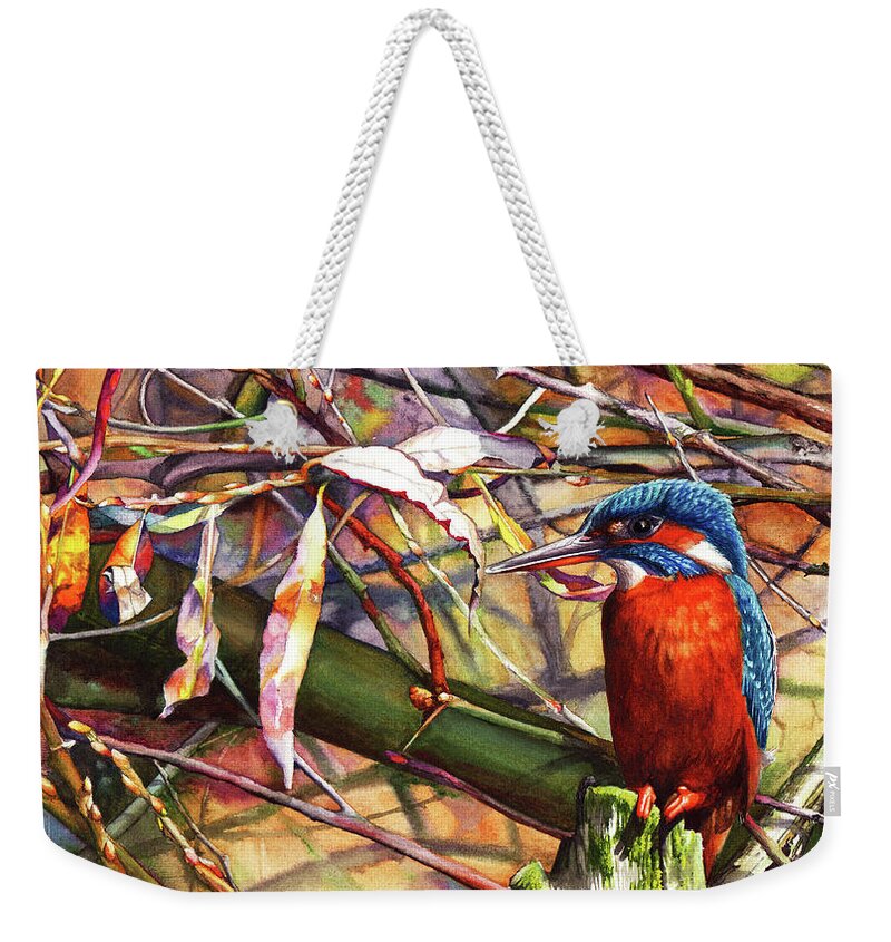 Kingfisher Weekender Tote Bag featuring the painting Pond Life by Peter Williams