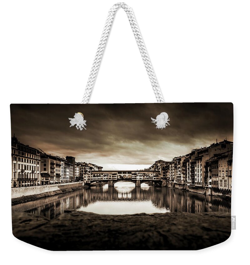 Arno Weekender Tote Bag featuring the photograph Ponte Vecchio in Sepia by Sonny Marcyan