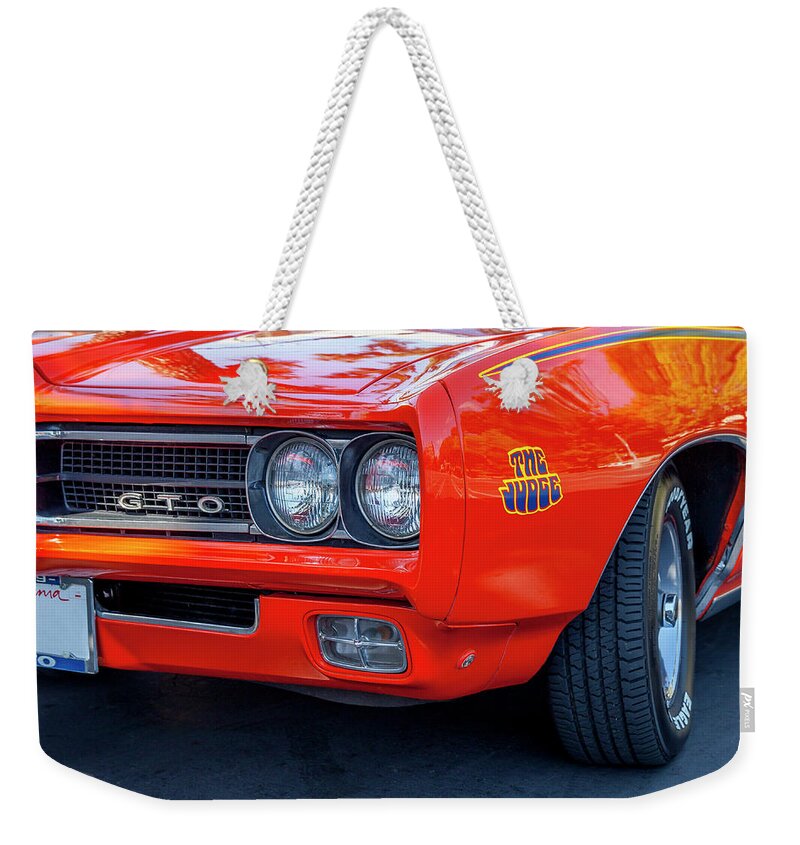 Pontaic Weekender Tote Bag featuring the photograph Pontiac G T O Judge 1969 Convertible by Gene Parks