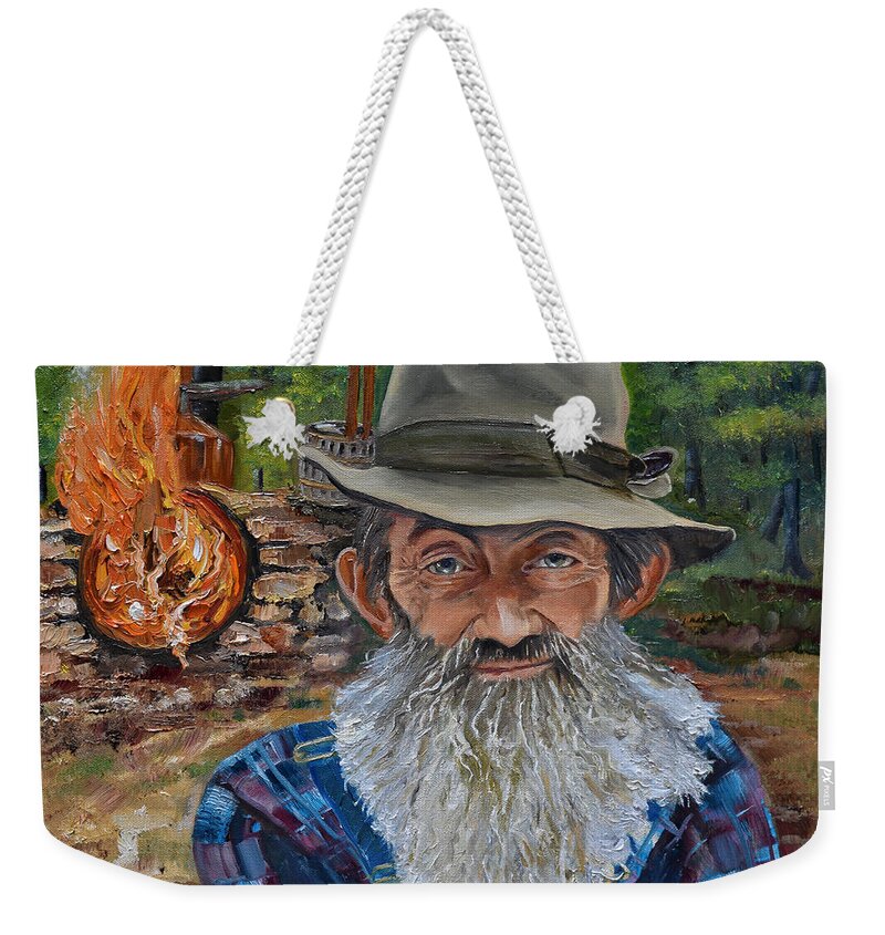 Hillbillies Weekender Tote Bag featuring the painting Popcorn Sutton - Rocket Fuel -White Whiskey by Jan Dappen