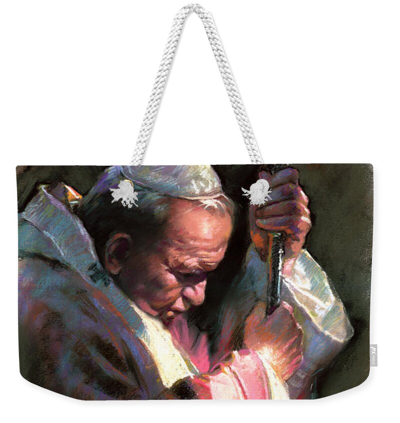 Portrait Weekender Tote Bag featuring the pastel Pope John Paul II by Ylli Haruni