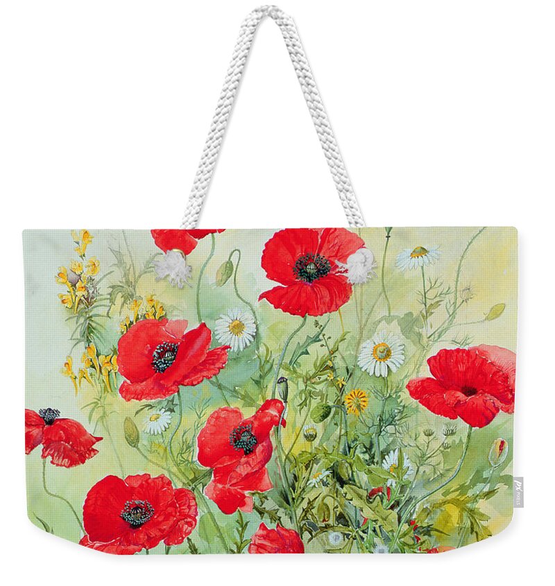 Flowers; Botanical; Flower; Poppies; Mayweed; Leaf; Leafs; Leafy; Flower; Red Flower; White Flower; Yellow Flower; Poppie; Mayweeds Weekender Tote Bag featuring the painting Poppies and Mayweed by John Gubbins