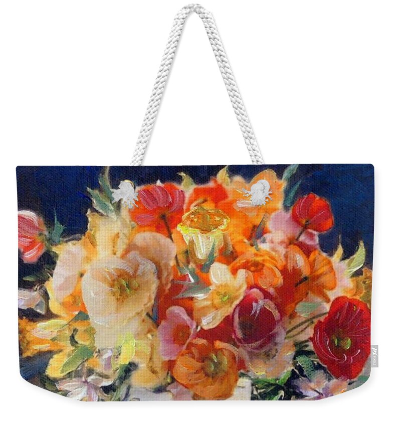Poppies Weekender Tote Bag featuring the painting Poppies, clematis, and daffodils in porcelain vase. by Ryn Shell