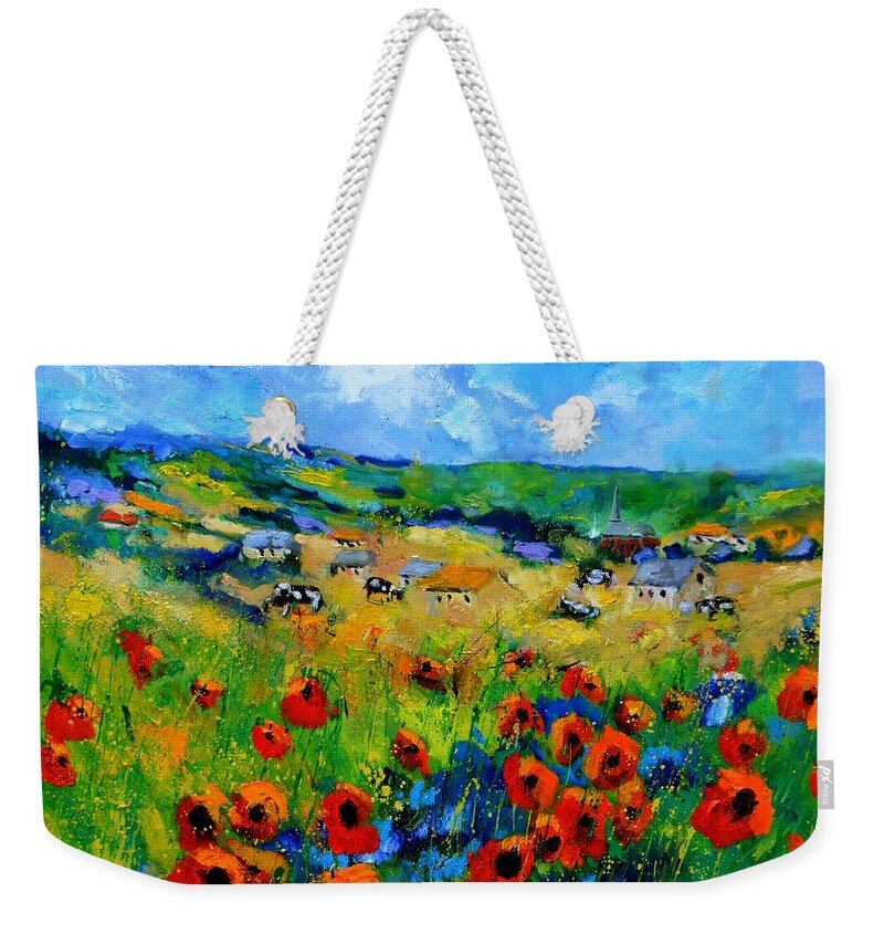 Landscape Weekender Tote Bag featuring the painting Poppies in Ieper by Pol Ledent