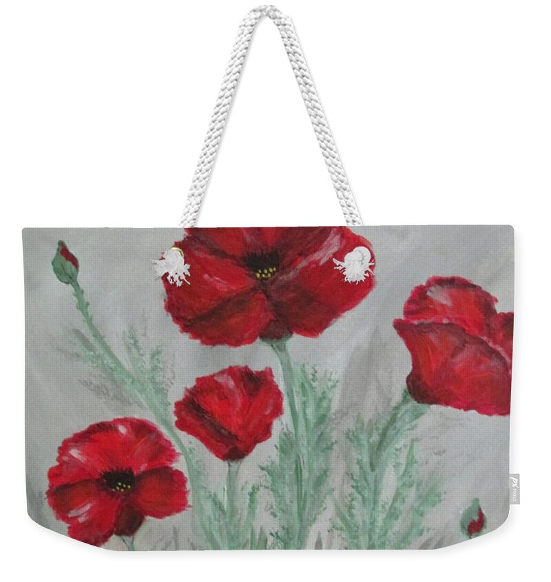 Abstract Poppies Red Flowers Gardens Perennials Mist Gray Orange Olive White Weekender Tote Bag featuring the painting Poppies In The Mist by Sharyn Winters