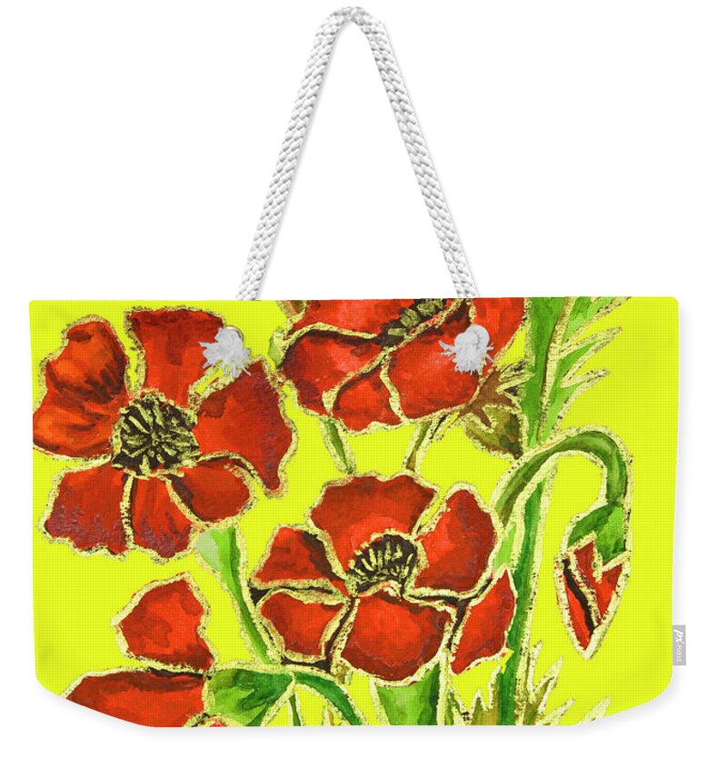 Poppy Weekender Tote Bag featuring the painting Poppies on yellow background, painting by Irina Afonskaya