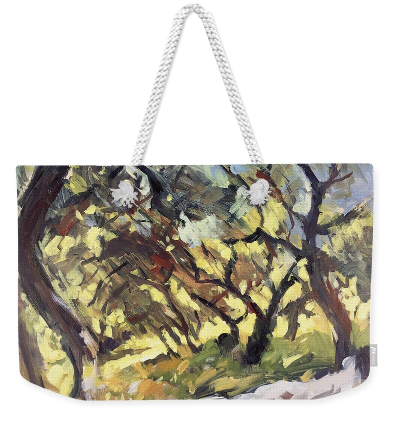 Paxos Weekender Tote Bag featuring the painting Popping sunlight through the olive grove by Nop Briex