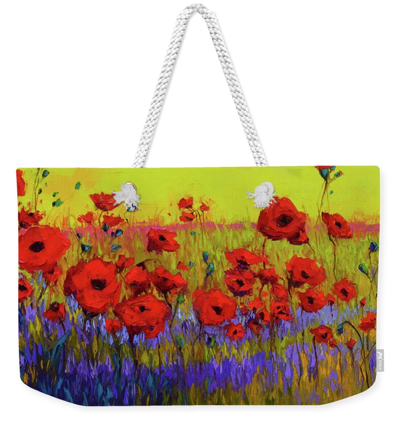 Colorful Wildflowers Weekender Tote Bag featuring the painting Poppy Flower Field Oil Painting with Palette knife by Patricia Awapara
