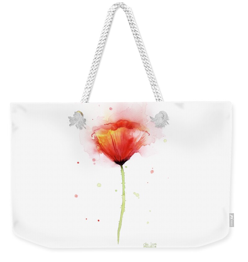 Watercolor Weekender Tote Bag featuring the painting Poppy Watercolor Red Abstract Flower by Olga Shvartsur