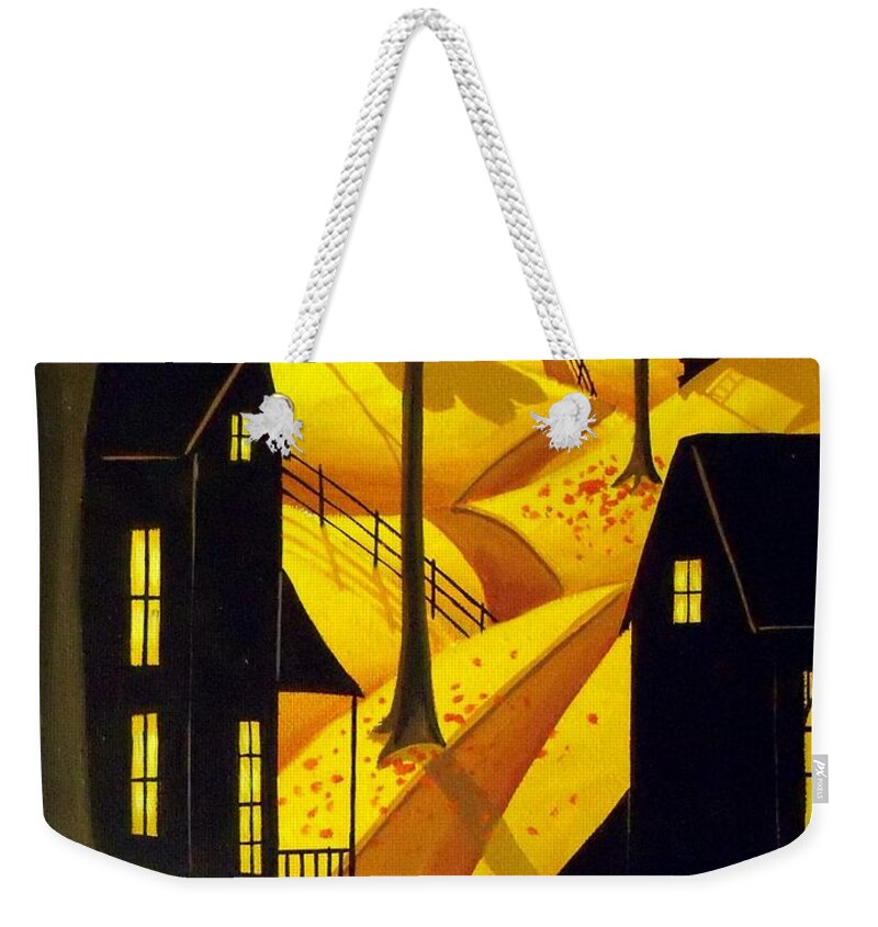 Folk Art Weekender Tote Bag featuring the painting Porch Kitty - folk art landscape cat by Debbie Criswell