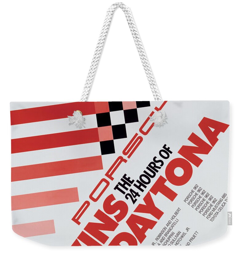 Porsche Weekender Tote Bag featuring the digital art Porsche 24 Hours of Daytona Wins by Georgia Fowler
