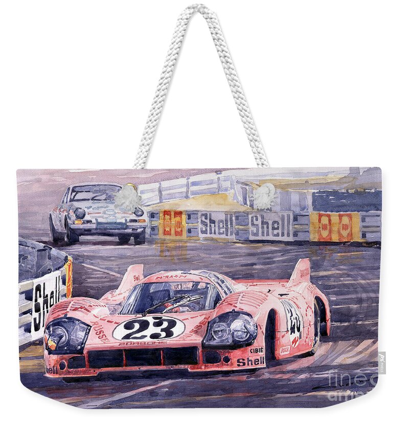 Watercolor Weekender Tote Bag featuring the painting Porsche 917-20 Pink Pig Le Mans 1971 Joest Reinhold by Yuriy Shevchuk