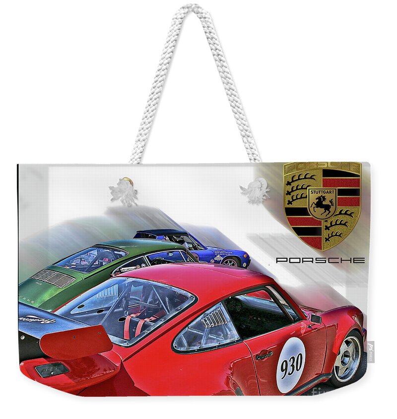 Porsche Weekender Tote Bag featuring the photograph Porsche Trio by Tom Griffithe