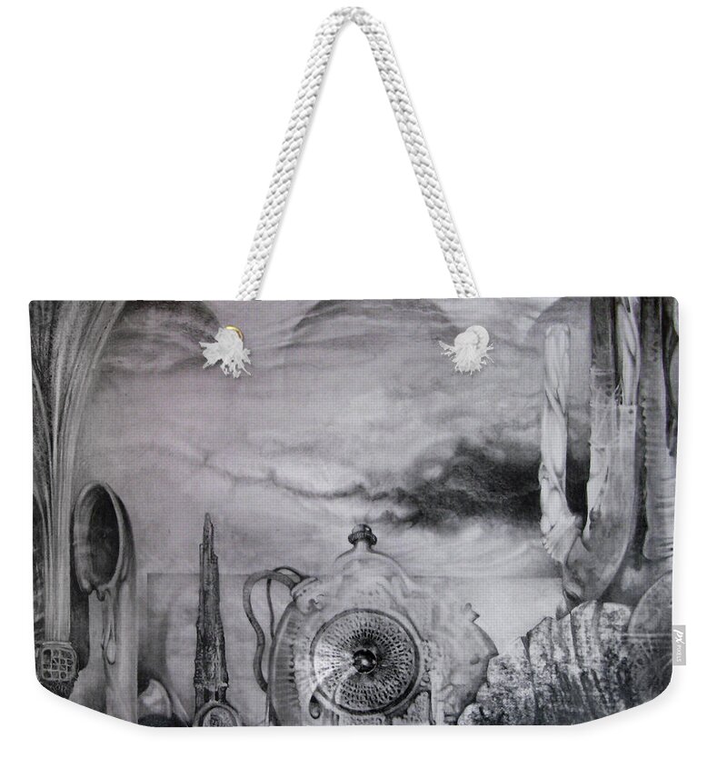 Graphite Drawing Weekender Tote Bag featuring the drawing Portal To Bogomils Universe Iv by Otto Rapp