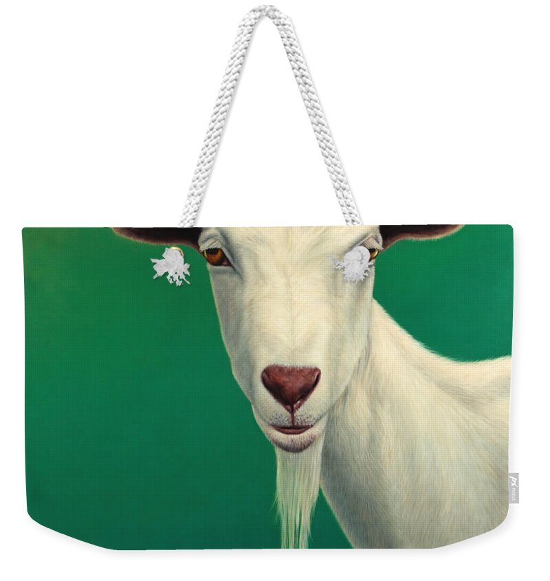 Goat Farm Animal Mammal Billy Goat White Green Animal Nature Wildlife James W Johnson Popular Famous Weekender Tote Bag featuring the painting Portrait of a Goat by James W Johnson