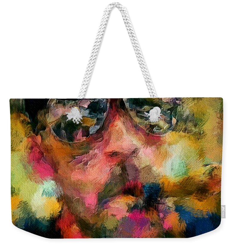 Harley Davidson Weekender Tote Bag featuring the painting Portrait of a man in sunglass smoking a cigar in the sunshine wearing a hat and riding a motorcycle in pink green yellow black blue oil paint with raking light to pick up paint texture by MendyZ
