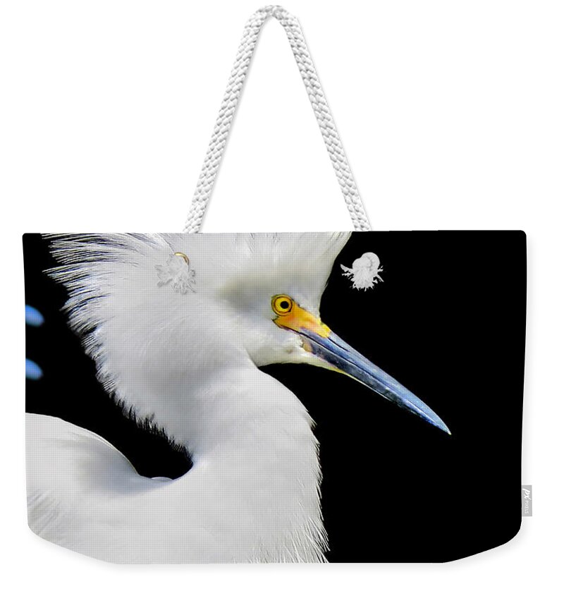 Snowy White Weekender Tote Bag featuring the photograph Portrait of a Snowy White Egret by Jennie Breeze