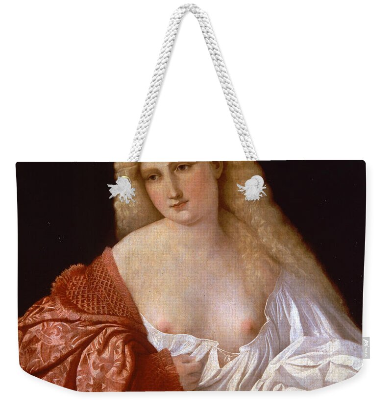 Palma Vecchio Weekender Tote Bag featuring the painting Portrait of a Woman know as Portrait of a Courtsesan by Palma Vecchio