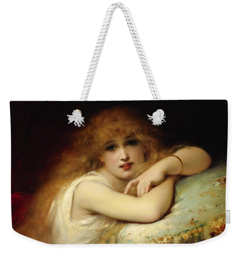 Pierre Coomans Weekender Tote Bag featuring the painting Portrait of a Woman of Leisure by Pierre Olivier Joseph Coomans