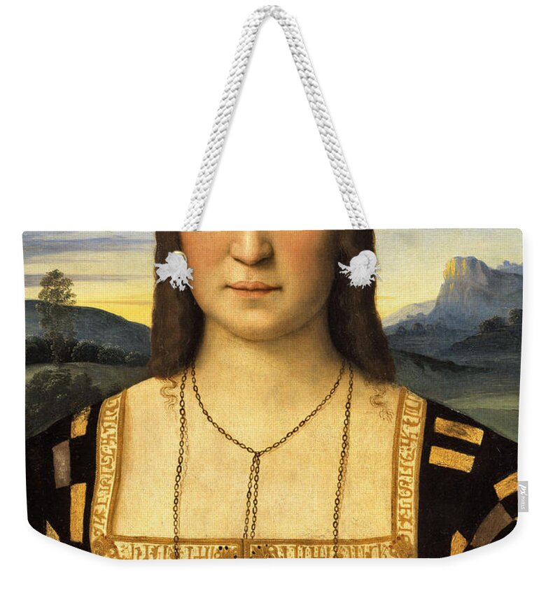 Raphael Weekender Tote Bag featuring the painting Portrait of Elisabetta Gonzaga by Raphael