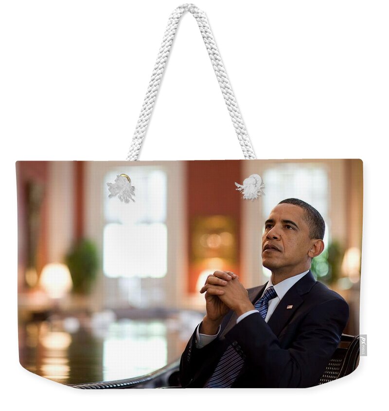 President Weekender Tote Bag featuring the painting Portrait of President Barack Obama 16 by Celestial Images