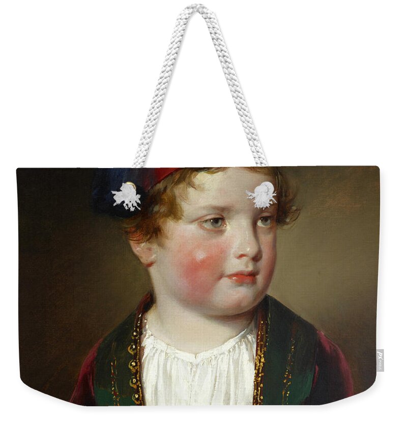 Friedrich Von Amerling Weekender Tote Bag featuring the painting Portrait of Prince Victor Odescalchi in Greek costume at the age of five by Friedrich von Amerling