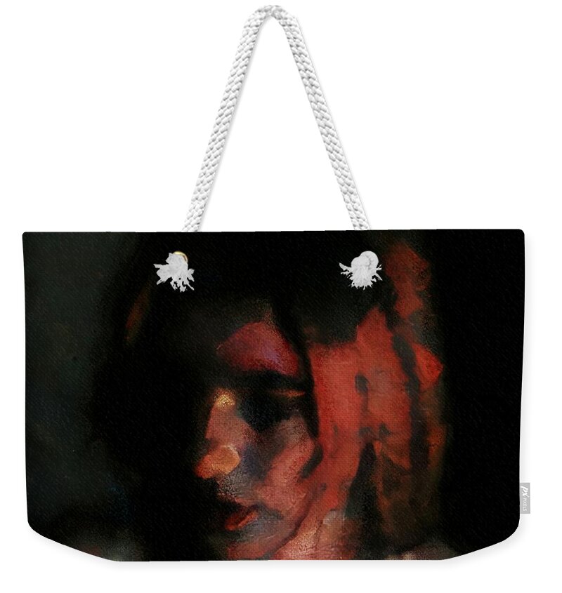 Portrait Weekender Tote Bag featuring the painting Portrait painting of girl in red gray black with wistful thoughts of fleeting memories by MendyZ