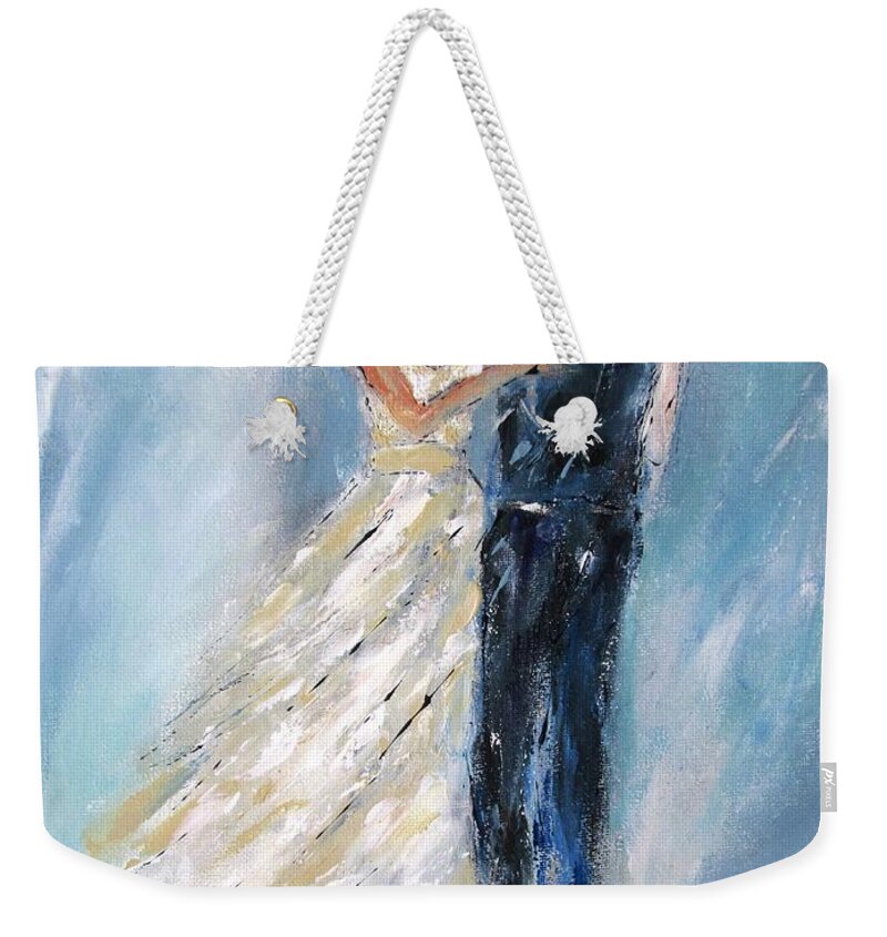 Wedding Portrait Weekender Tote Bag featuring the painting painting of Elegant couple, bride and groom 2015 by Mary Cahalan Lee - aka PIXI