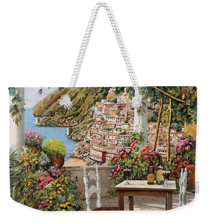 Positano Weekender Tote Bag featuring the painting aperitivo sulla terrazza di Positano by Guido Borelli