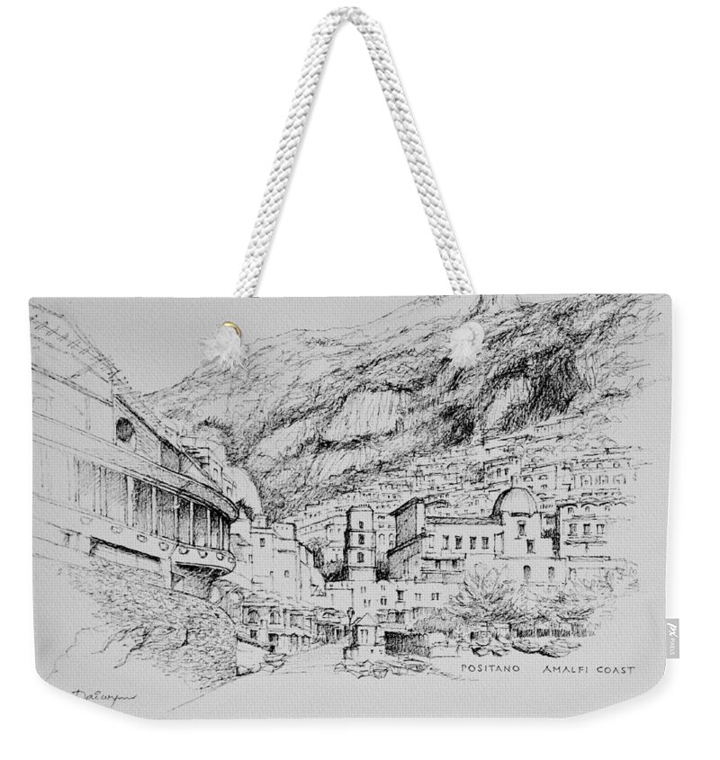 Italy Weekender Tote Bag featuring the drawing Positano on the Amalfi Coast of Italy by Dai Wynn