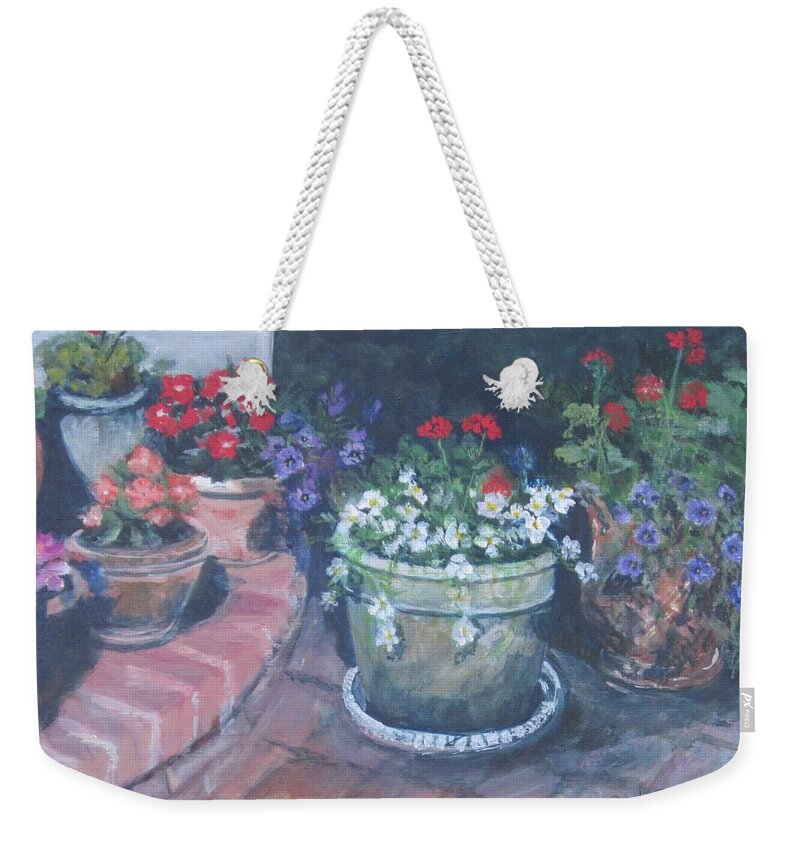 Flowers Weekender Tote Bag featuring the painting Potted Flowers by Paula Pagliughi