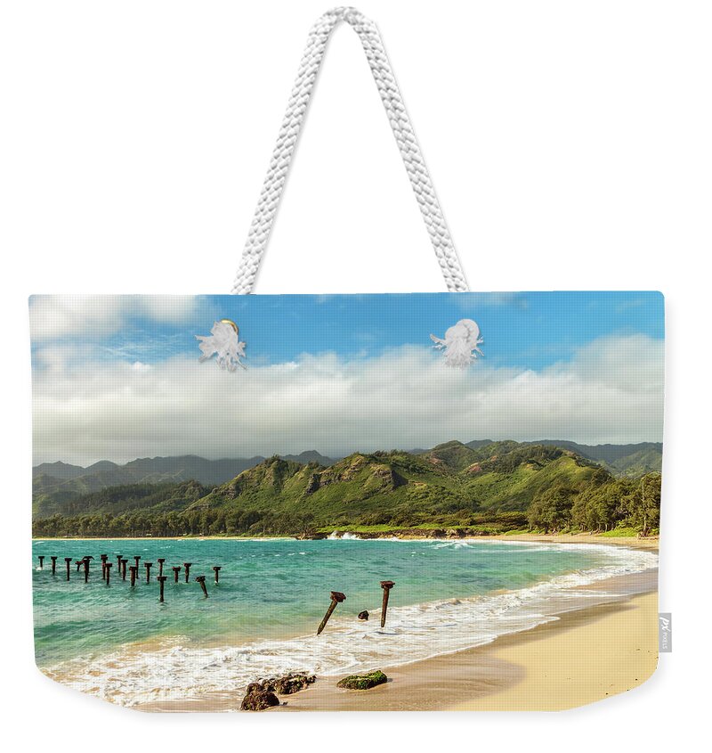 Aqua Weekender Tote Bag featuring the photograph Pounders Beach 5 by Leigh Anne Meeks