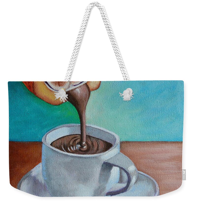 Still Life Weekender Tote Bag featuring the painting Pour Me A Cup Of Chocolate Please. by Laura Forde